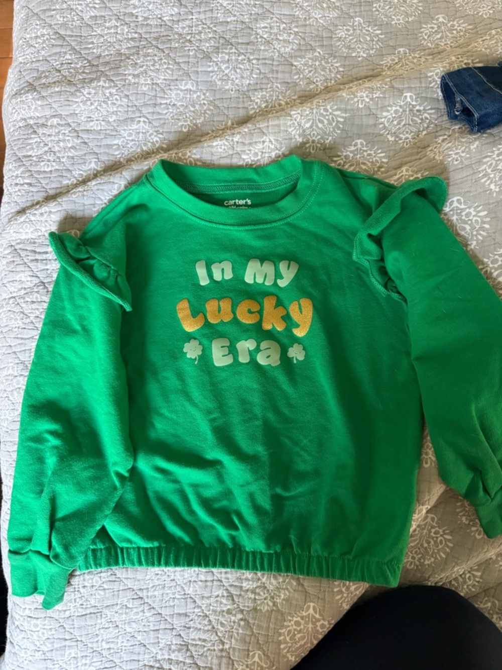 Carter's Bright Green "In My Lucky Era" Sweatshirt with Ruffle Shoulders